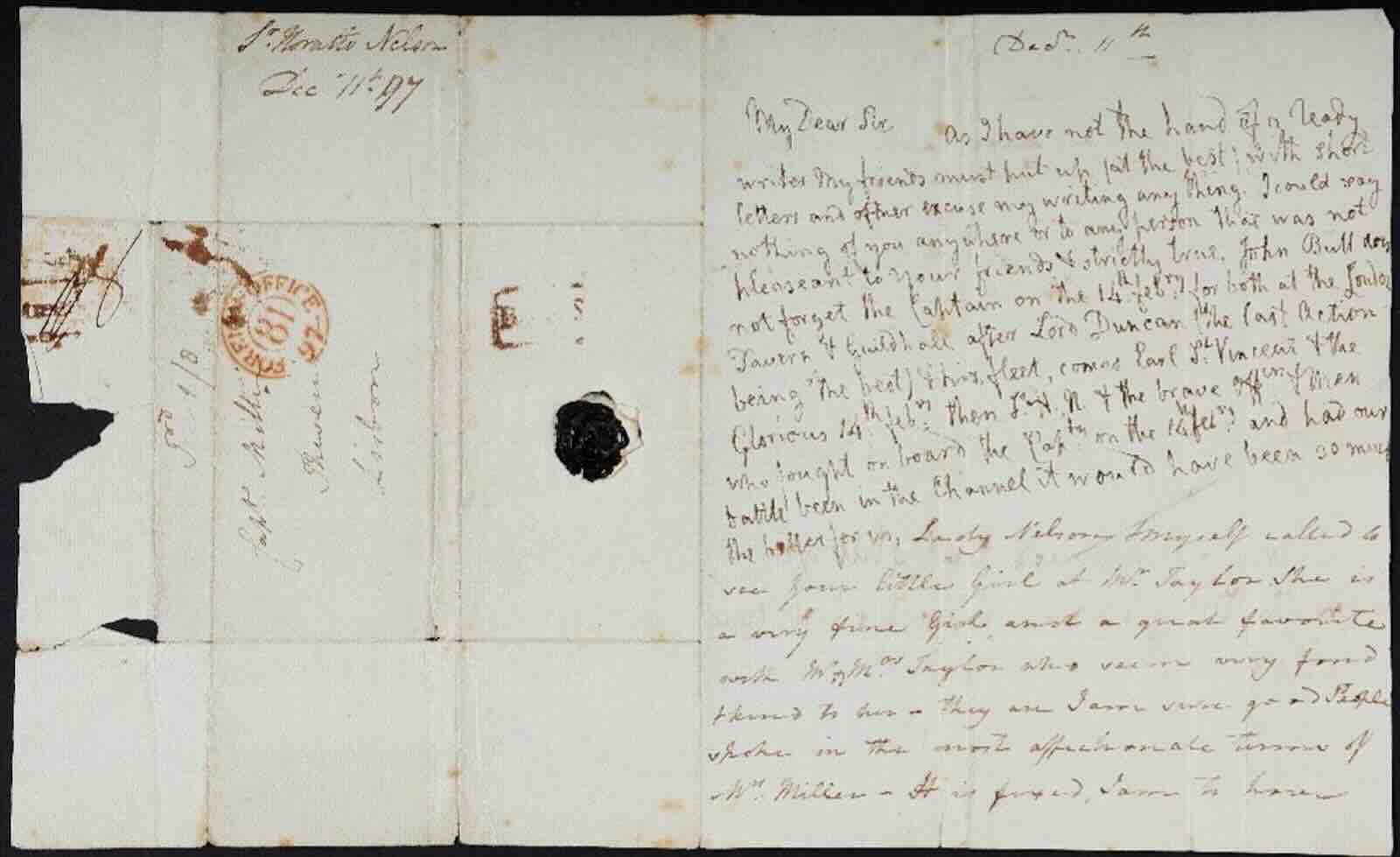 Horatio Nelson autograph letter signed, partially in the hand of Frances Nelson, to Captain Miller, written when Nelson was learning to write with his left hand, December 11, 1797